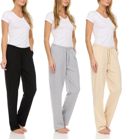 Essential Elements 3 Pack: Womens Cotton Jersey Pants - 100% Cotton Lounge Athletic Casual Sleep Casual Pajama PJ Pants in Saudi Arabia
