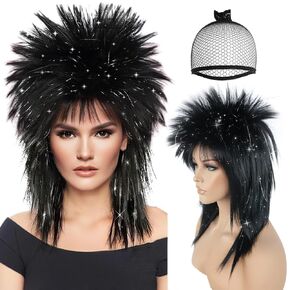 BESTBEL+Hair Cap 80's Rocking Diva Wig Long Silver Black Wig for Women Long Spiky Wig with Bangs Rocker Anime Funny Hair for Halloween Cosplay Womens Cosplay Outfit for Costume Party