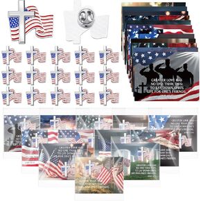 Hoteam 24 Sets Religious 4th of July Gift Flag Pins with Card Bulk Remembrance Independence Day Party Favors Cross Pins Enamel Lapel Brooch Patriotic Star Thank You Cards Soldier Appreciation Gift