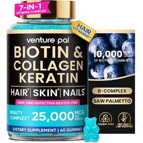 Venture Pal Biotin Gummies with Collagen & Keratin - Hair Growth Support Skin and Nail Strength Vitamins for Women & Men - Biotin 10000mcg | B-Complex | Saw Palmetto - Sugar Free, Non-GMO, 60ct