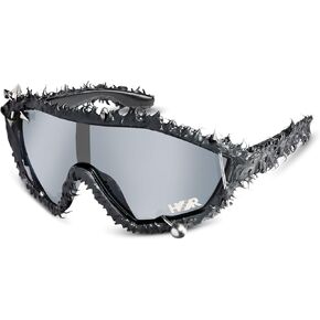 Melting Shield Sunglasses - Resin Covered Cycling Glasses with Piercings - Studded Festival Rave Sunglasses - Goth Punk Piercing Glasses for Men Women