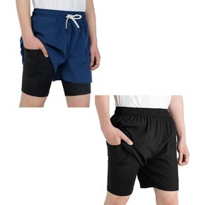 TLAENSON Boys Athletic Shorts with Liner Black+Navy Size 160/12-13Years