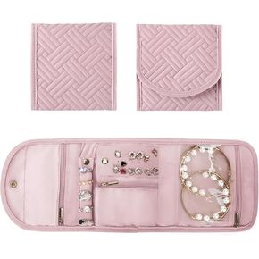 SUNRISING Jewelry Organizer Travel Case for Women, Small Foldable Jewelry Roll Pouch Bag with Portable Design for Journey Rings, Necklaces, Earrings, Bracelets Pink