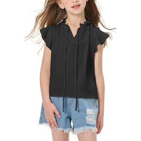 Girls T Shirt Blouse, Ruffle Chiffon Summer Short Sleeve Shirts, Casual Cute V Neck Girls White and Black Top, 5-14Y