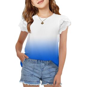 Arshiner Girls T Shirts Lace Petal Short Sleeves Kids Crewneck Casual Blouse Summer Tops Tees