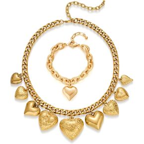 Classyzint Gold chunky Link Heart Charm Bracelets للنساء ، سلسلة Rolo القابلة للتعديل المتدلية أساور سحر القلب المنتفخة