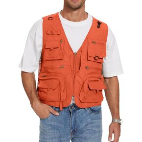 PEHMEA Men's Fishing Vest Utility Detachable Safari Travel Vest with Pockets Outdoor Work Photo Cargo Fly Summer Vest(Orange-XS)
