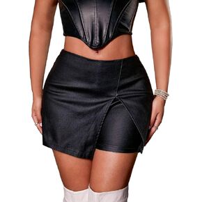 Avanova Women Faux Leather Slit Split Mini Skort High Rise Bodycon Short Skirt
