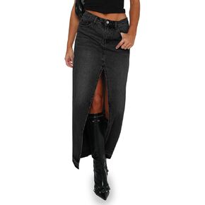 Fisoew Women's Long Denim Maxi Skirts High Waisted Frayed Hem Western Split Jean Skirt Streetwear in Saudi Arabia