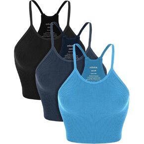 ODODOS Women's Crop 3-Pack Seamless Rib-Knit Camisole Crop Tank Tops