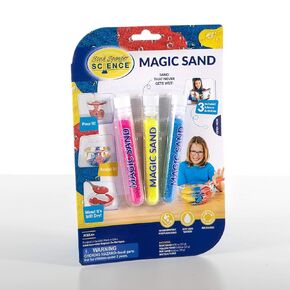Steve Spangler Science Magic Sand Starter Kit – includes Blue, Red & Yellow Play Sand (2.12 oz. each) and Plastic Tank – Colored Play Sand That Never Gets Wet, Exciting STEM Activity