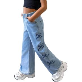 WDIRARA Toddler Girl's Bow Print Wide Leg Jeans Elastic Waist Cute Denim Pants