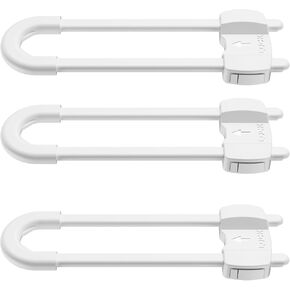 Cabinet Safety Locks, Adjustable U-Shaped Childproof Latch with Extra Secure Buttons for Drawers Fridge Closet (3 Pack/White)