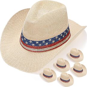 Geyoga 6 Pcs American Flag Cowboy Hat Patriotic USA Straw Hats for Men Women 4th of July Costume Party Colorful