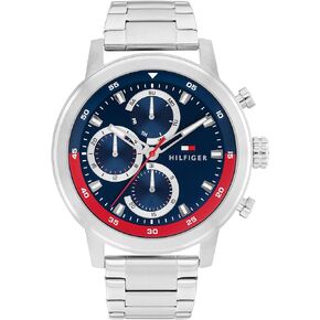 Tommy Hilfiger Men's Sporty Watch – Quartz Multifunction, Stainless Steel Case, Sunray Dial with Stick Indexes and CD-Textured Sub-Eyes, Oversized Crown, Link Bracelet – Gift for Him