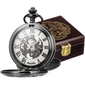 Manchda Mechanical Rominals اطلب الساعات الجيب الهيكل العظمي مع صندوق وسلاسل للنساء الرجالي مع صندوق