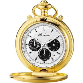 BOSHIYA Smooth Quartz Pocket Watches for Men Multifunctional Chronograph Classic Vintage Mens Womens Pocket Watch with Chain Christmas Graduation Birthday Gifts Fathers Day