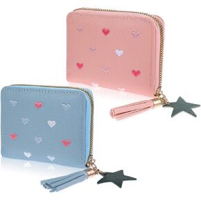 2pcs Pink PU Leather Women's Wallet with Card Slots,Cute Small Wallet with Star Tassels Pendant Womens Wallet with Zipper,Girls Wallet with Heart-Embroidery