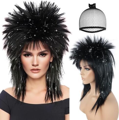 BESTBEL+Hair Cap 80's Rocking Diva Wig Long Silver Black Wig for Women Long Spiky Wig with Bangs Rocker Anime Funny Hair for Halloween Cosplay Womens Cosplay Outfit for Costume Party in Saudi Arabia