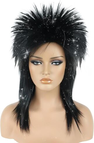 BESTBEL+Hair Cap 80's Rocking Diva Wig Long Silver Black Wig for Women Long Spiky Wig with Bangs Rocker Anime Funny Hair for Halloween Cosplay Womens Cosplay Outfit for Costume Party in Saudi Arabia