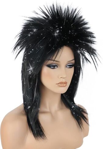 BESTBEL+Hair Cap 80's Rocking Diva Wig Long Silver Black Wig for Women Long Spiky Wig with Bangs Rocker Anime Funny Hair for Halloween Cosplay Womens Cosplay Outfit for Costume Party in Saudi Arabia
