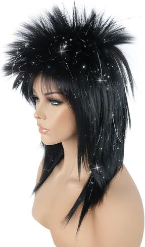 BESTBEL+Hair Cap 80's Rocking Diva Wig Long Silver Black Wig for Women Long Spiky Wig with Bangs Rocker Anime Funny Hair for Halloween Cosplay Womens Cosplay Outfit for Costume Party in Saudi Arabia