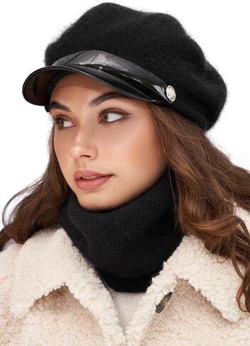 Newsboy Hat with Scarf for Women - Angora Wool Chauffeur Hat with Tube - Knit Paperboy Cap with Brim in Saudi Arabia