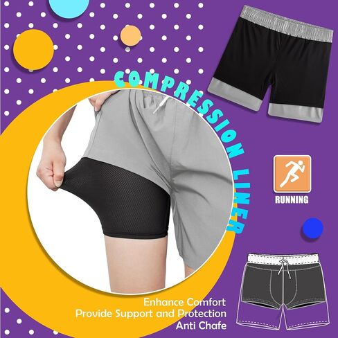 Boys Running Shorts with Compression Liner Zipper Pockets Kids Athletic Workout Gym Sports Quick Dry in Saudi Arabia