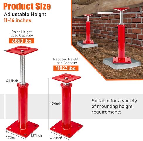4 Pack House Jacks for Leveling Crawlspace, 11" - 16" Height Range, 11023 lbs Max Load Capacity, House Floor Jacks Post Pole for Leveling in Kuwait