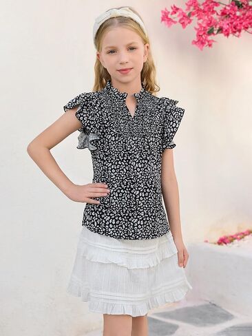 Haloumoning Girls Ruffle Short Sleeve Floral Chiffon Blouses Kids Summer Shirts Tops 5-14 Years in Saudi Arabia