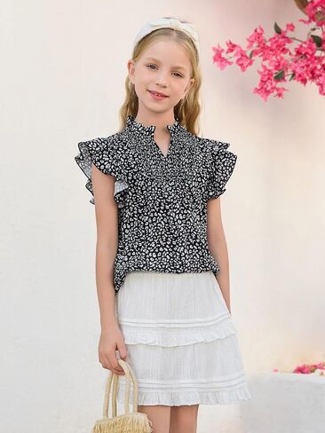 Haloumoning Girls Ruffle Short Sleeve Floral Chiffon Blouses Kids Summer Shirts Tops 5-14 Years in Saudi Arabia