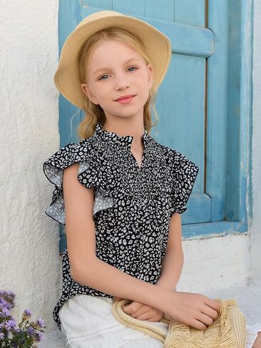 Haloumoning Girls Ruffle Short Sleeve Floral Chiffon Blouses Kids Summer Shirts Tops 5-14 Years in Saudi Arabia