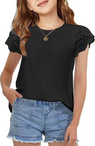 Arshiner Girls T Shirts Lace Petal Short Sleeves Kids Crewneck Casual Blouse Summer Tops Tees in Saudi Arabia