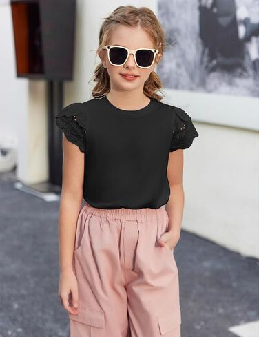 Arshiner Girls T Shirts Lace Petal Short Sleeves Kids Crewneck Casual Blouse Summer Tops Tees in Saudi Arabia