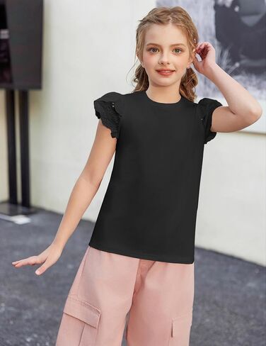 Arshiner Girls T Shirts Lace Petal Short Sleeves Kids Crewneck Casual Blouse Summer Tops Tees in Saudi Arabia