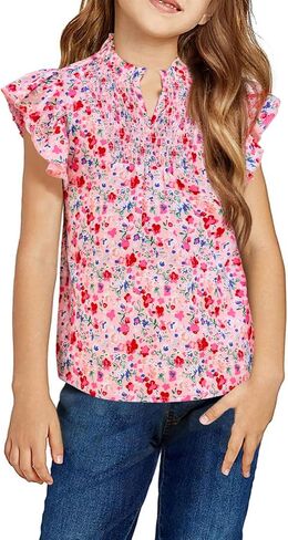 Haloumoning Girls Ruffle Short Sleeve Floral Chiffon Blouses Kids Summer Shirts Tops 5-14 Years in Saudi Arabia