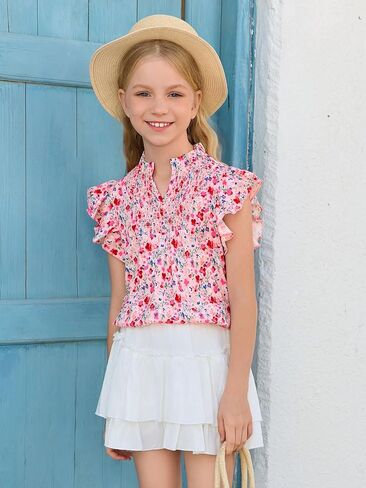 Haloumoning Girls Ruffle Short Sleeve Floral Chiffon Blouses Kids Summer Shirts Tops 5-14 Years in Saudi Arabia