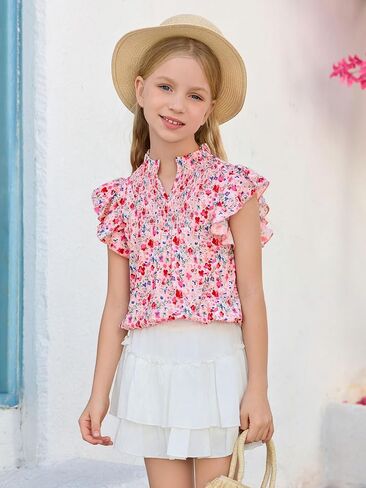 Haloumoning Girls Ruffle Short Sleeve Floral Chiffon Blouses Kids Summer Shirts Tops 5-14 Years in Saudi Arabia