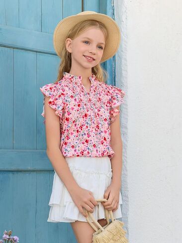 Haloumoning Girls Ruffle Short Sleeve Floral Chiffon Blouses Kids Summer Shirts Tops 5-14 Years in Saudi Arabia