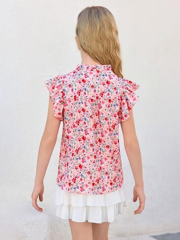 Haloumoning Girls Ruffle Short Sleeve Floral Chiffon Blouses Kids Summer Shirts Tops 5-14 Years in Saudi Arabia