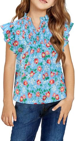 Haloumoning Girls Ruffle Short Sleeve Floral Chiffon Blouses Kids Summer Shirts Tops 5-14 Years in Saudi Arabia