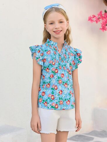 Haloumoning Girls Ruffle Short Sleeve Floral Chiffon Blouses Kids Summer Shirts Tops 5-14 Years in Saudi Arabia