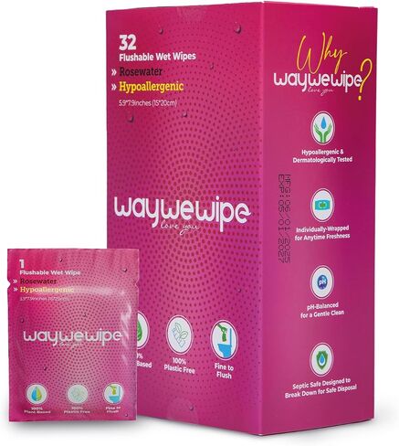 On-The-Go Flushable Feminine Wet Wipes, 32 Count XL Individually Wrapped Female Wipes, Hypoallergenic 100% Plant Based Septic Safe, Travel Size Adult Cleansing Cloth for Women, Rosewater in Saudi Arabia