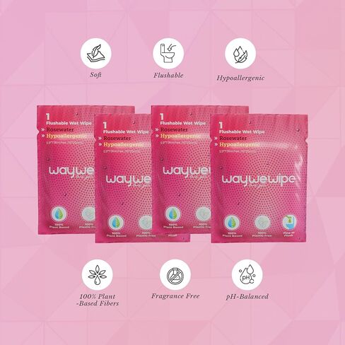 On-The-Go Flushable Feminine Wet Wipes, 32 Count XL Individually Wrapped Female Wipes, Hypoallergenic 100% Plant Based Septic Safe, Travel Size Adult Cleansing Cloth for Women, Rosewater in Saudi Arabia