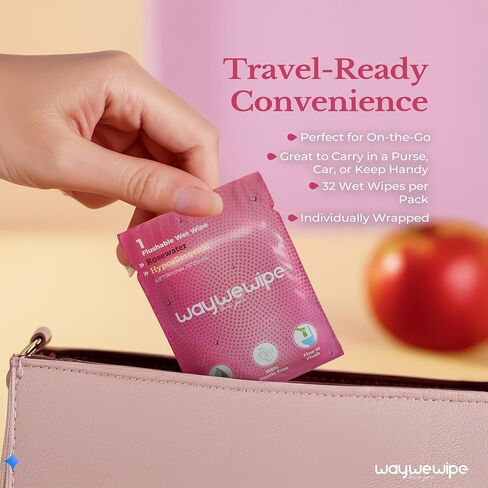 On-The-Go Flushable Feminine Wet Wipes, 32 Count XL Individually Wrapped Female Wipes, Hypoallergenic 100% Plant Based Septic Safe, Travel Size Adult Cleansing Cloth for Women, Rosewater in Saudi Arabia