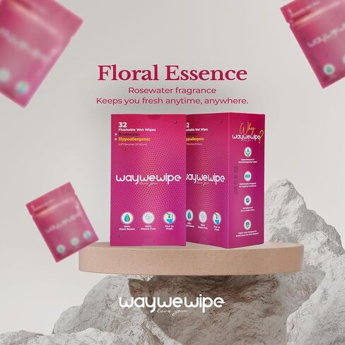 On-The-Go Flushable Feminine Wet Wipes, 32 Count XL Individually Wrapped Female Wipes, Hypoallergenic 100% Plant Based Septic Safe, Travel Size Adult Cleansing Cloth for Women, Rosewater in Saudi Arabia