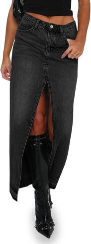 Fisoew Women's Long Denim Maxi Varts High Phened Hend Hend Western Gring Jean Skirt Skirt Aways Streetwear in Saudi Arabia
