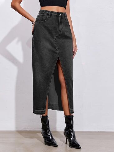 Fisoew Women's Long Denim Maxi Varts High Phened Hend Hend Western Gring Jean Skirt Skirt Aways Streetwear in Saudi Arabia