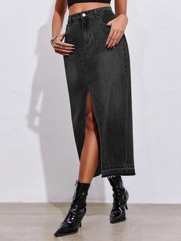 Fisoew Women's Long Denim Maxi Varts High Phened Hend Hend Western Gring Jean Skirt Skirt Aways Streetwear in Saudi Arabia