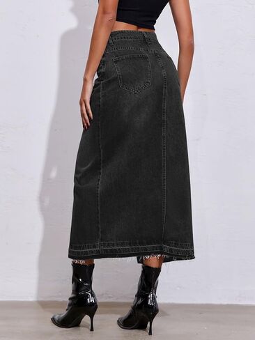 Fisoew Women's Long Denim Maxi Varts High Phened Hend Hend Western Gring Jean Skirt Skirt Aways Streetwear in Saudi Arabia
